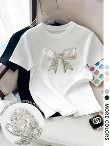 Women's Rhinestone Decor Bowknot Butterfly Design Tee, Casual Short Sleeve Round Neck T-shirt for Daily Wear, Ladies Clothes for All Seasons, Top, Womenswear