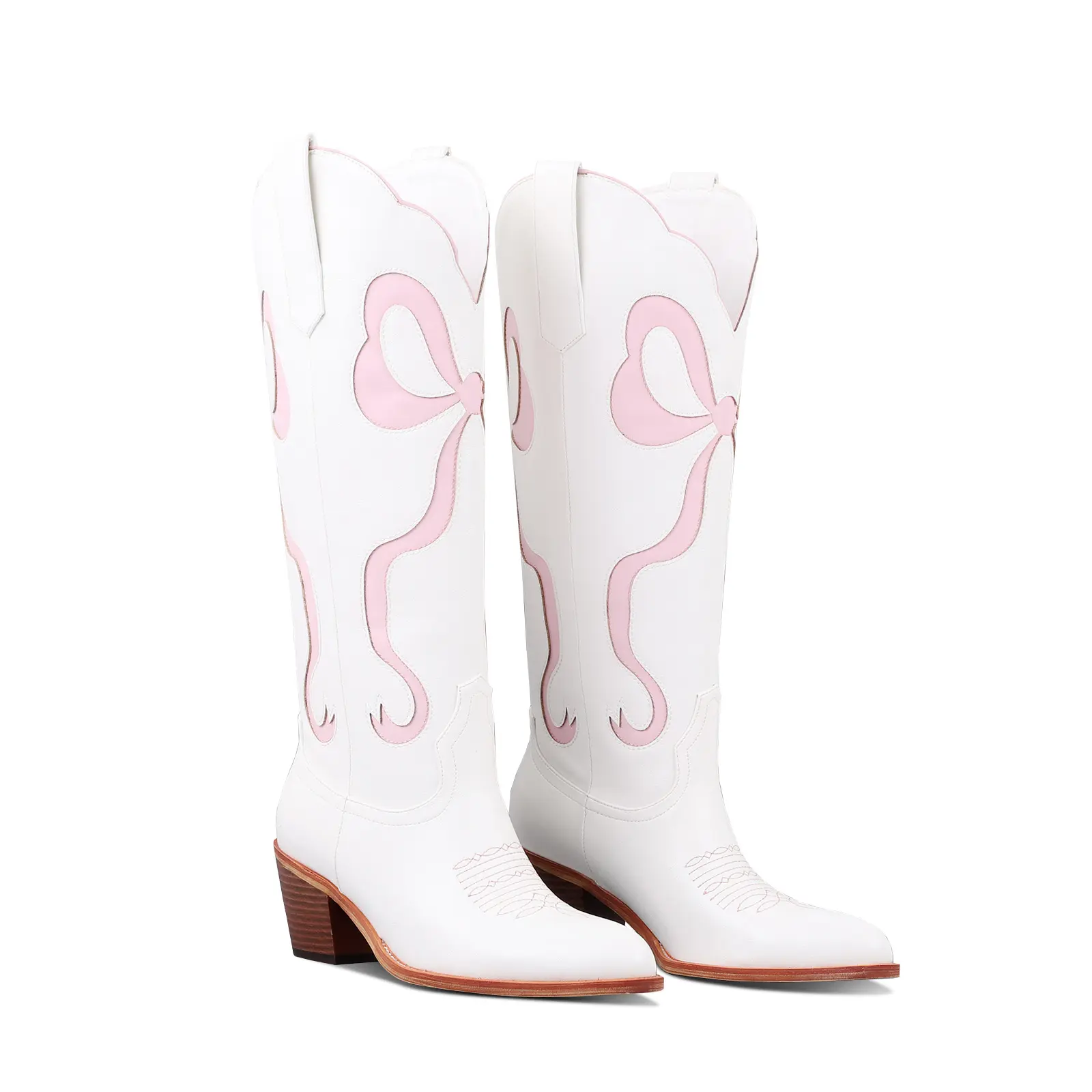 Coquette Bow Knee High Western Cowboy Boots | Chunky Heel White Cowgirl Boots for Women