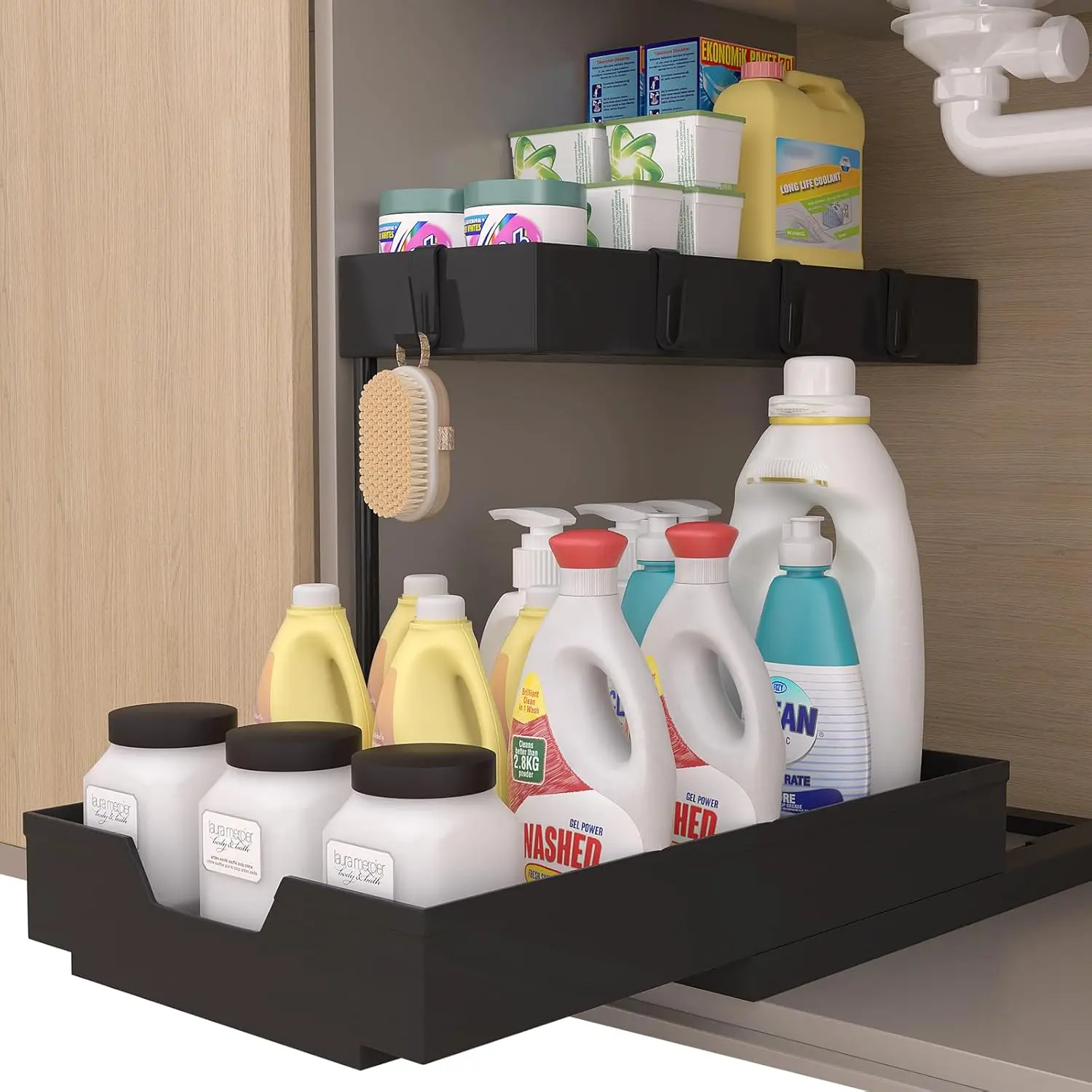 Under Sink Organizers, Sliding L-shape Cabinet Organizers Narrow Space Storage Multi-purpose Sink Organizer Baskets with 4 Hook for Bathroom Kitchen Drawer (Black, 1 pack)