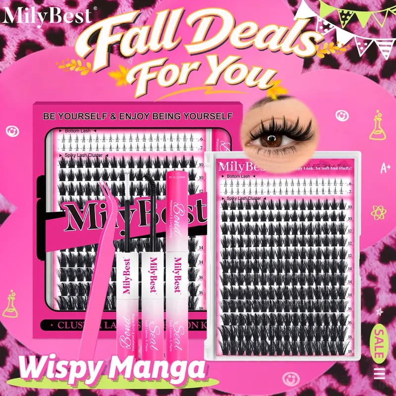 Milybest 100D Manga Lash Cluster Kit - 10-18mm Natural D Curl Cosmetic Dramatic Eyelash Extension Set with Bottom Clusters, Waterproof Bond & Seal, Glue, Tweezer, Weeklydeals TikTok Shop Stockup Makeup Products