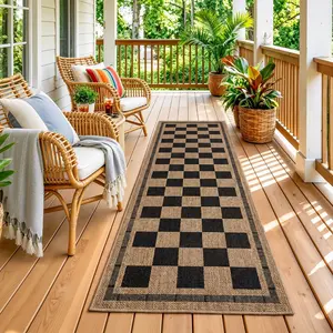 2x6 Jute Checkered Rugs, Outdoor Runner, Runner Rug for Hallway, Washable Patio Porch Balcony Runners Indoor Bedroom Kitchen Laundry Mat, Non Slip   Carpet, Black and Brown