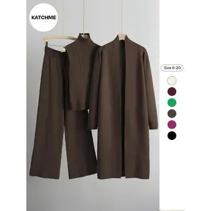 Trendy Knit Turtleneck Tank Top & Wide-Leg Pants with Open-Front Long Cardigan Three-Piece Set