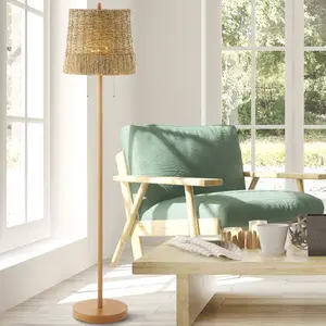 JONATHAN Y Ocata Coastal Bohemian Iron/Rattan LED Floor Lamp with Pull-Chain; for Living Room, Bedroom, Kitchen, Office