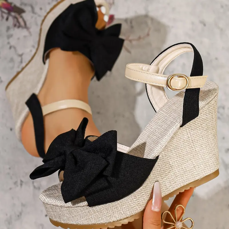 Women's Peep-Toe Wedge Sandals Bowknot Design Large Bow Decor Two-Tone Ankle Strap Buckle Espadrille Platform Heels, Fashionable Wedge Shoes, Versatile Footwear for Parties, Vacations and Casual Outings #summerwins #ModoPartido