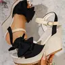 Women's Peep-Toe Wedge Sandals Bowknot Design Large Bow Decor Two-Tone Ankle Strap Buckle Espadrille Platform Heels, Fashionable Wedge Shoes, Versatile Footwear for Parties, Vacations and Casual Outings #summerwins #ModoPartido