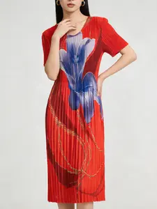 Summer New Elastic Pleated Dress, Thin Casual Fashion Dress, Elegant Women's Dress for Vacation, Outing, Beach, Printed Ruffle Dress