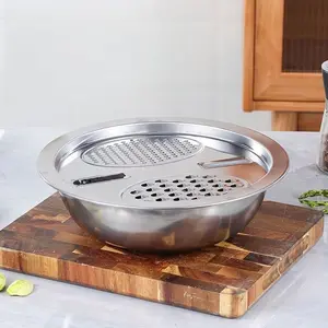 Stainless steel kitchen set 3-piece set with integrated grinder, multi-purpose filter and mixing bowl - perfect for cleaning and slicing fruits, vegetables and cheese | Food safety with drainage system, ideal for home cooking, kitchen grinder