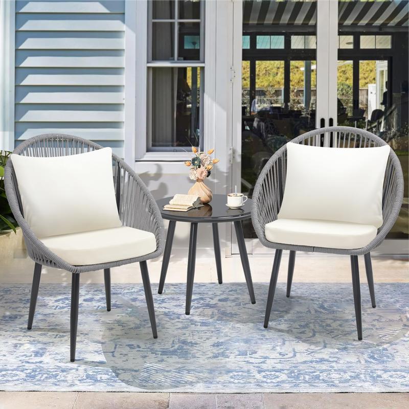 3-Piece All-Weather Bistro Set – Woven Rope Chairs with Cushions & Side Table, Modern Black Patio Set for Balcony, Poolside & Outdoor Lounging