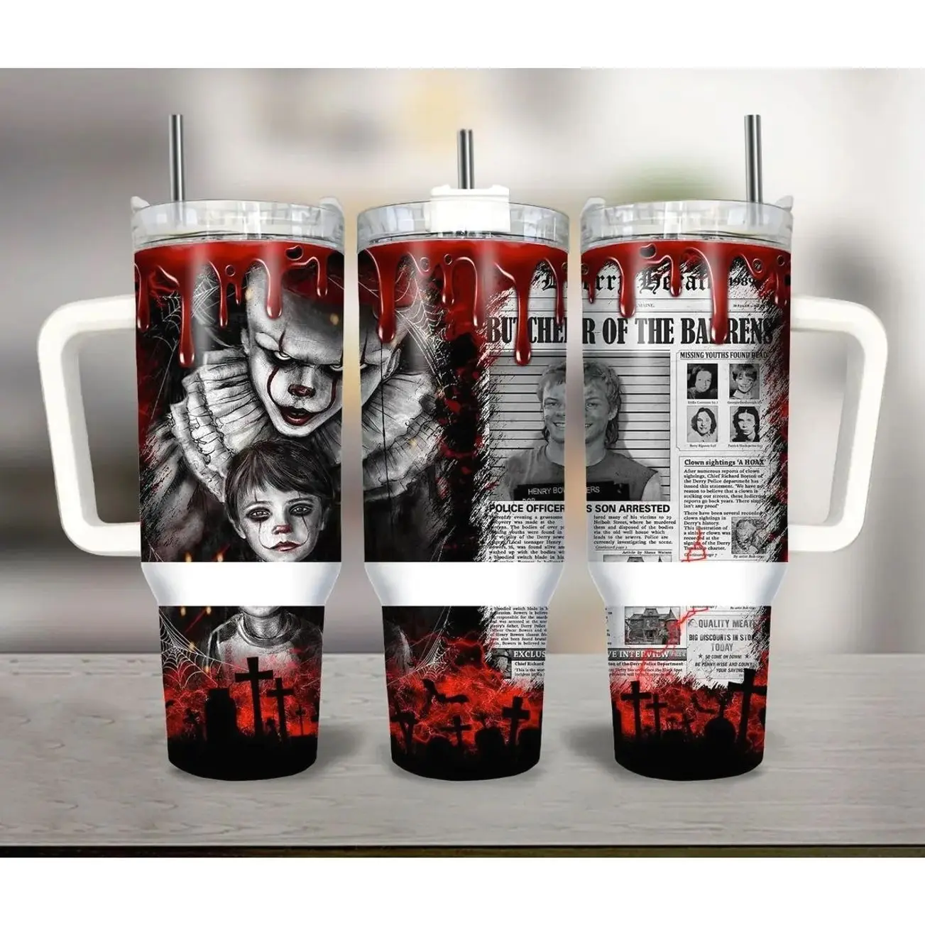 Pennywise IT Welcome to Derry Horror Movie 20oz - 40oz Tumbler Stainless Steel with Straw, Double Wall Insulated, With Handle – Perfect Gift for Fans