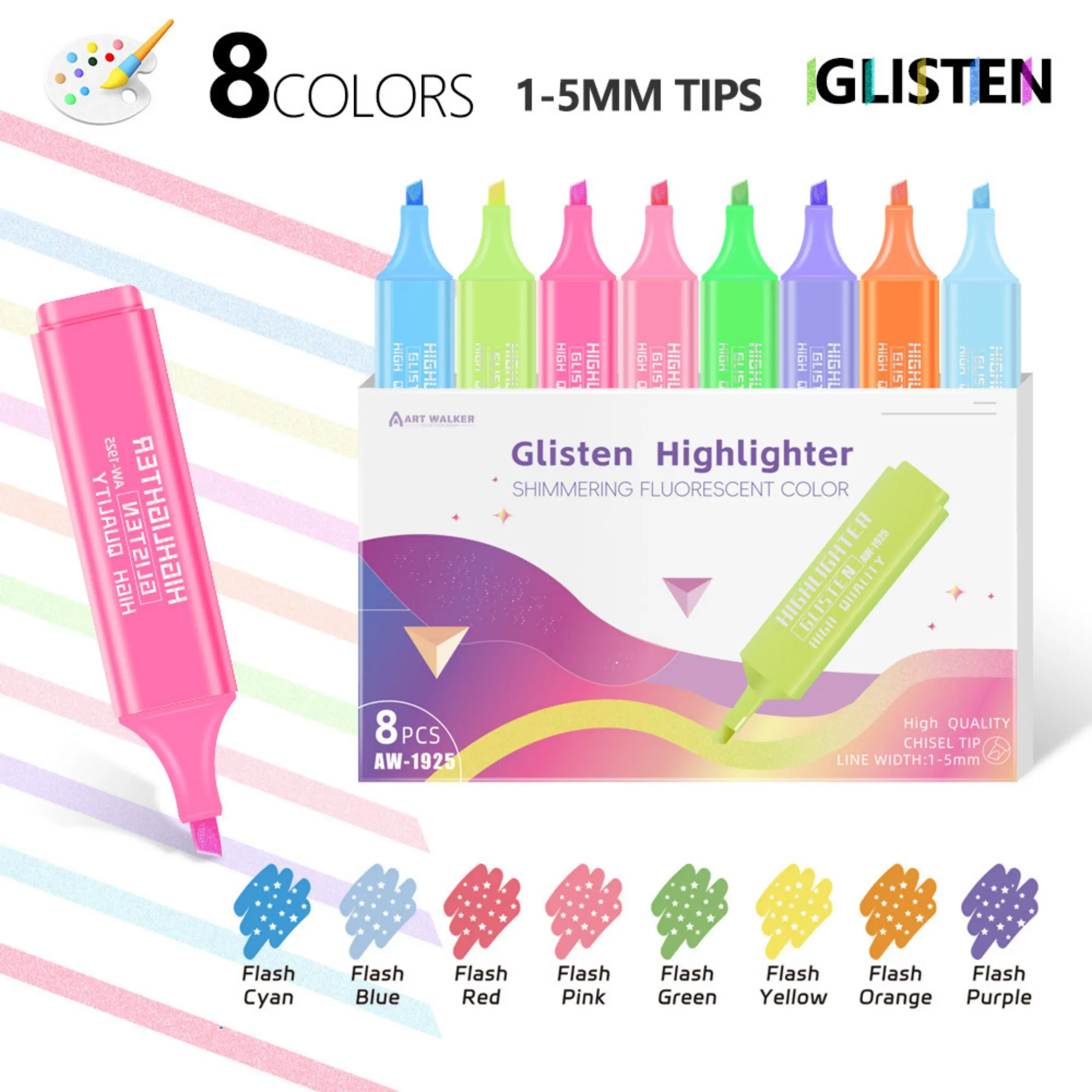 Glitter Highlighter Set 8 Colors, Writing Stationery, Creative Stationery, Angled Tip Marker Pens, Highlighters Pens for Greeting Cards, Doodle Markers, Drawing Markers, Artist Markers for Art Projects, Drawing Supplies, Perfect Gift Idea