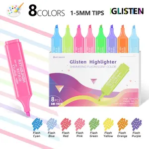 Glitter Highlighter Set 8 Colors, Writing Stationery, Angled Tip Marker Pens for Greeting Cards, Doodle Markers for Art Projects, Perfect Gift Idea