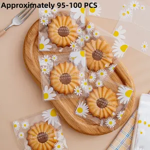 100pcs Daisy Print Self-adhesive Bags, Food Safe Cookie & Bakery Packaging Bags for Wedding Favors, Birthday Party, Holiday Gifts