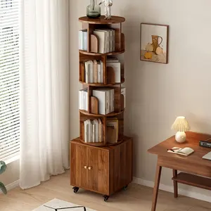 Rotating Bookshelf, 360 Degree Display 5 Tier Corner Bookshelf with Drawer for Small Space, Floor Standing Bookcase Storage Rack, Wood Narrow Organizer for Bedroom, Living Room, WALNUT COLOR