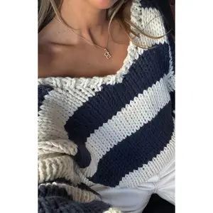 Delvey Navy Striped Chunky Knit Sweater
