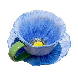 Beautiful Flower Cup Set, Unique Design High-Quality Latte Mug, Creative Hand-Painted Ceramic Coffee Cups, French Vintage Petal Afternoon Tea Gift