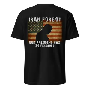 Iran Forgot Trump Has 34 Felonies Tee - Fitted Short Sleeve Crew Neck Casual Summer Top for Men Blue Flag Design