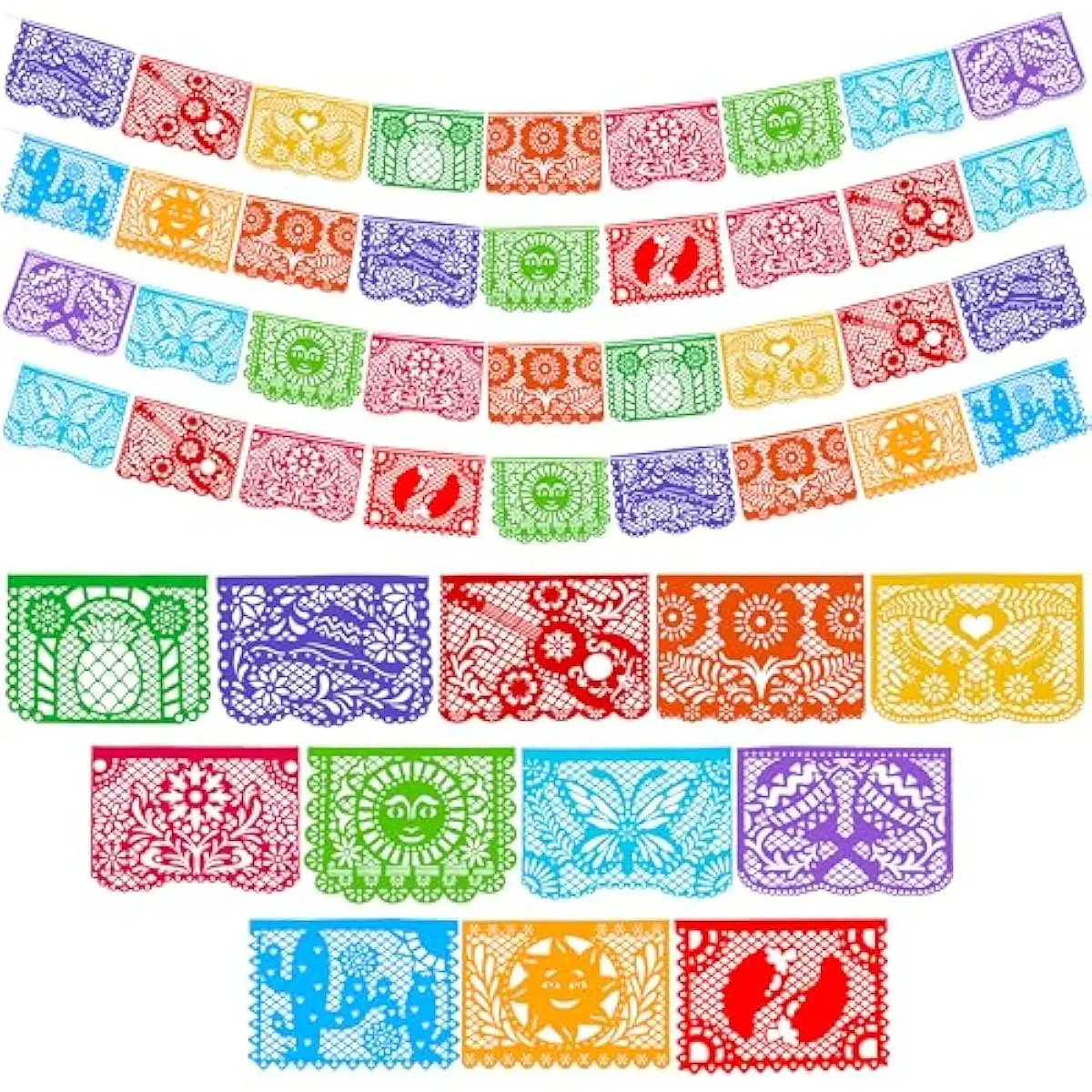Cinco de Mayo Plastic Papel Picado Banner(4 pack with 8 Multicolor Plastic Flags per Banner), Mexican Party Banners for Fiesta Party Decorations, Dia Muertos Decor, Day of the Dead Decorations, Taco Tuesday Event