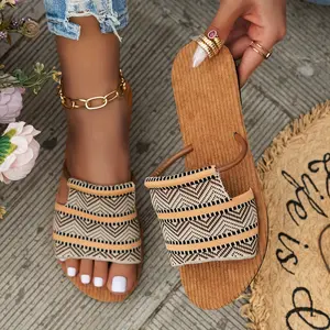 [Comfortable Slides] Women's Comfortable Bohemian Style Slides - Flat Heel, Strappy Back, TPR Sole, Flannel Insole - All-Season Open Toe Sandals