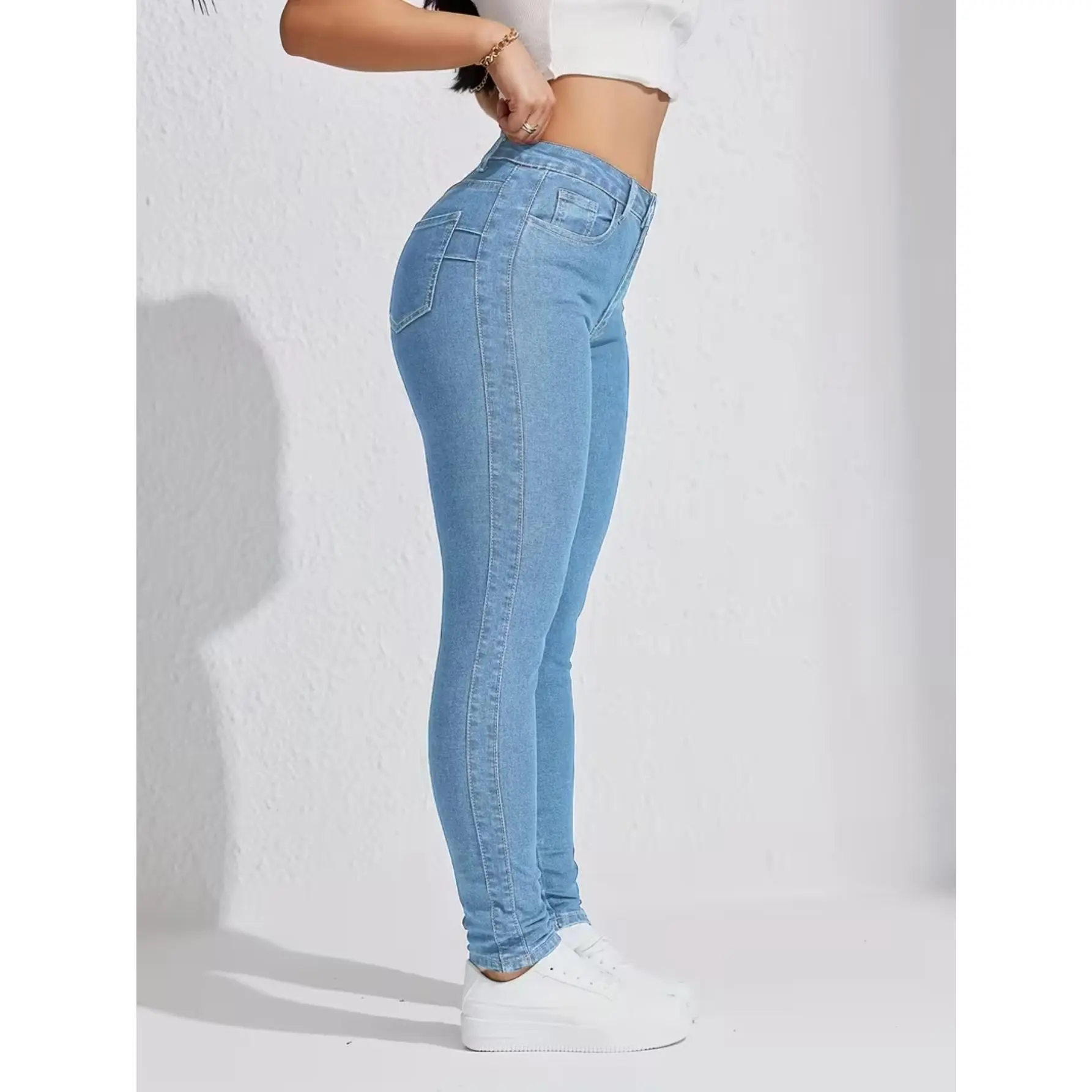 Women'S Light Blue Skinny Jeans | High Stretch, All-Season, Casual Style with Pockets by Jin Tong Meng