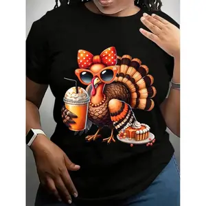 Women's Crew Neck T-Shirt White Thanksgiving Turkey With Sunglasses And Pumpkin Pie Print For Festive SeasonWUujb shop