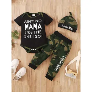 Baby Boys' Letter Print Romper Set, Camouflage Pants & Hat, Cute for Newborns, Comfortable Clothing for Daily Wear, Newborn Gift Set