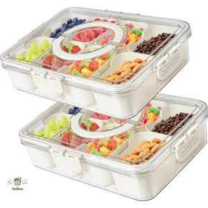 ONESHOW 8-Compartment Divided Serving Tray with Lid & Handle - Transparent Food Storage Container for Snacks, Fruits, and More, Portable and Reusable Kitchen Organizer