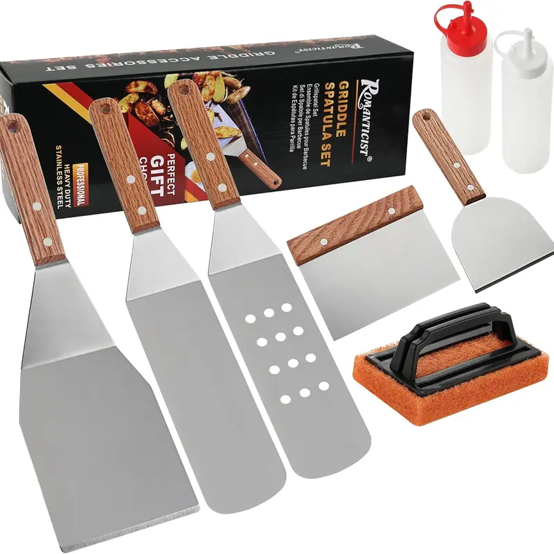 ROMANTICIST 8pcs Heavy-Duty Durable Stainless Steel Barbecue Tool Set - Grill Spatula Utensils for Hibachi Flat Tops, Outdoor BBQ, Tailgating, Kitchen Supplies, BBQ Gift for Grill Lovers