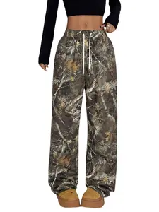 Unisex Camo Printed Drawstring Waist Pants, Loose Fit Wide Leg Long Casual Trousers, Fashionable Daily Wear for All Seasons
