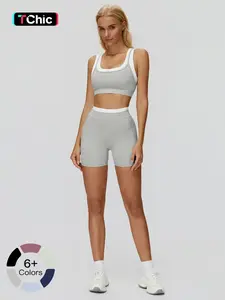 Women's Two-Piece Colorblock Yoga Set, High-Waisted Ribbed Casual Fitness Sportswear, Versatile Gym Workout