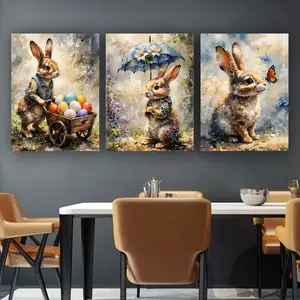 3pcs/Set Wooden Framed, Watercolor Bunny With Butterfly Print Poster, Bunny With Egg Cart  Easter Bunny Wall Art Canvas Painting, Pastel Woodland Bunny Illustration Art Pictures, Ideal For Bedroom, Office, Living Room, Home Decoration, Perfect Gift Idea