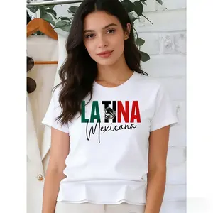 Women's Light Cotton Short-Sleeve Printed Round Neck T-Shirt - Latina Mexicana Graphic Top with Bold Letter Print, Mexican Flag, Shoulder-Baring Casual Sporty Sports Top for Spring, Summer, Shortsleeve, Tshirt