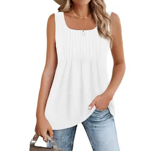 Women's Summer Tank Tops 2026 Pleated Square Neck Loose Fit Casual Flowy Tunic Sleeveless Shirts