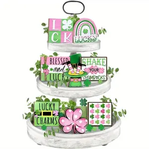 Shamrock Themed Tiered Tray Decor, 8 Counts/set Lucky Clover Themed Wooden Sign, Home Decor for Living Room Bedroom Party, without Tray, Ornaments