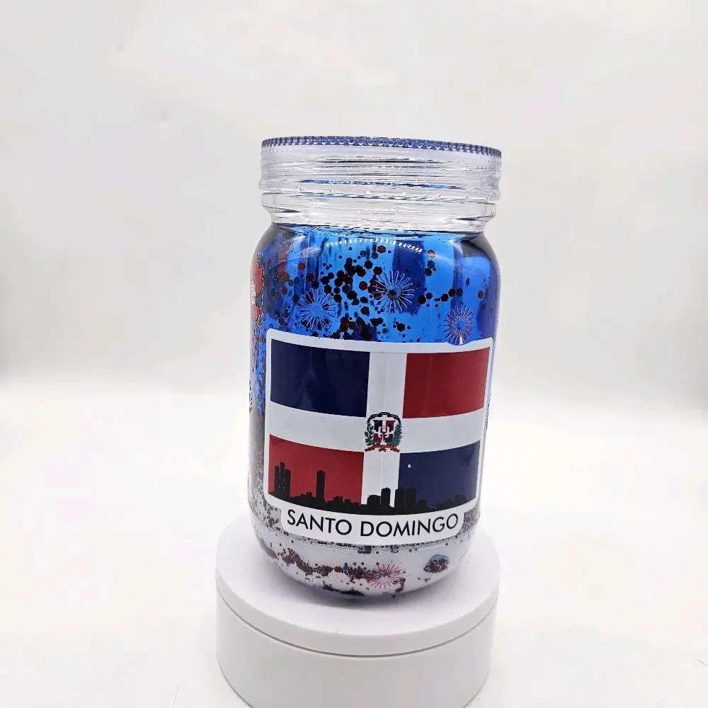 Dominican Republic 20oz Mason Jar Lava Snow Globe Tumbler with Santo Domingo Flag Design and Blue Glitter