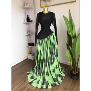 Elegant Women's Long Sleeve O-Neck Dress, Party Gown for Autumn & Winter Birthdays, Evening Wear Long Dresses, Tie Dye Printed Patchwork Big Swing Maxi A-Line Dresses, Ladies Dressy Mesh Patchwork Skew Waist Streetwear Education Clothing Dress