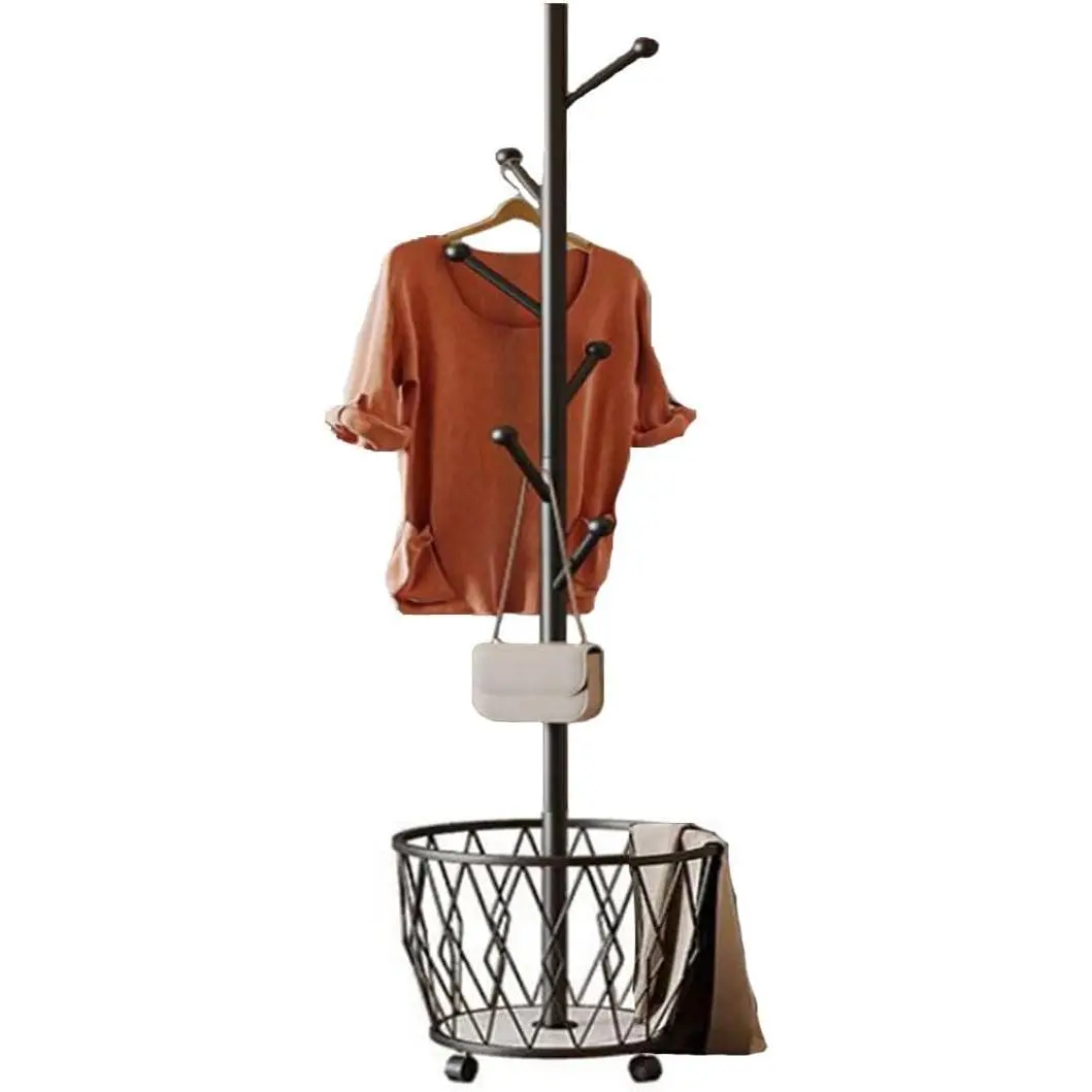 Freestanding Metal Coat Rack Stand with Basket Modern Organizer for Scarf Jacket Hat Bags Ideal for  Entryway Bedroom Corner  and Moveable tree (black)