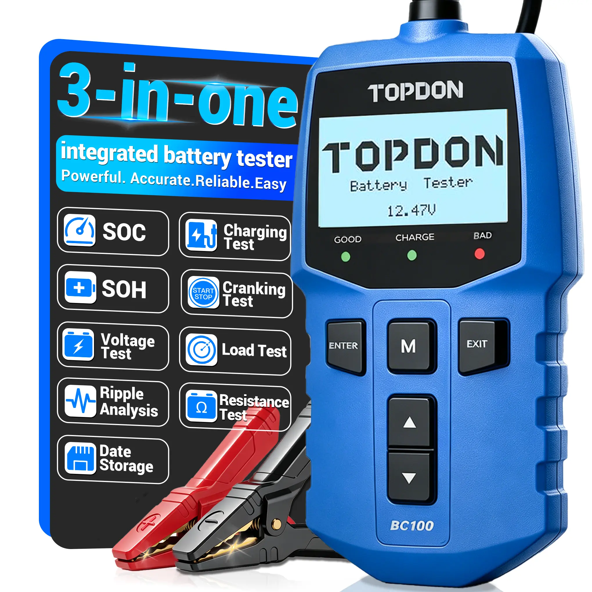 TOPDON BC100 12V Car Battery Tester - 100-2000 CCA Safe Automotive Load Tester, 2026 Upgraded Alternator & Charging Cranking System Diagnostic Tool for Cars, Trucks, Motorcycles mechanic auto booster