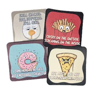 Set of 4 Neoprene Coasters with Sassy & Sarcasm Quotes & Illustrations of Stressed Out Food - Fun, Quirky Design for Any Space