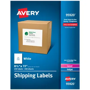Avery® Full Sheet Printable Shipping Labels, 8.5" x 11", White, 250 Blank Mailing Labels, Great for Packages, Product Merchandising, Organization, and More (95920)