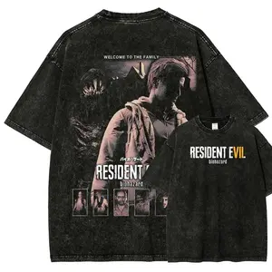 Men's Vintage Washed Resident Evil 7 Ethan Winters Graphic T-Shirt - Premium Cotton Distressed Black Casual Short-Sleeve, Unisex Baker Family Design, Oversized Streetwear, Figure-Flattering, Sizes S-3XL, Ideal for RE Fans