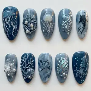 Ocean Jellyfish Press On Nails | 3D Sea Life Nail Art | Whale Shark Coral Shell Beach Nails