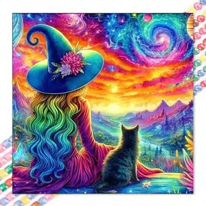 1 DIY diamond painting kit, 5D diamond art set, DIY decoration, magic hat, rainbow hair, black cat. Diamond painting kit with fully round diamonds, mosaic, diamond art, DIY home decoration, suitable for Christmas. Galaxy