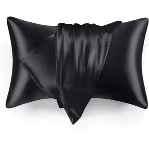 Silk Satin Pillowcase for Hair and Skin (Black, 20x30 inches) Slip Pillow Cases Queen Size Set of 2 - Satin Cooling Pillow Covers with Envelope Closure