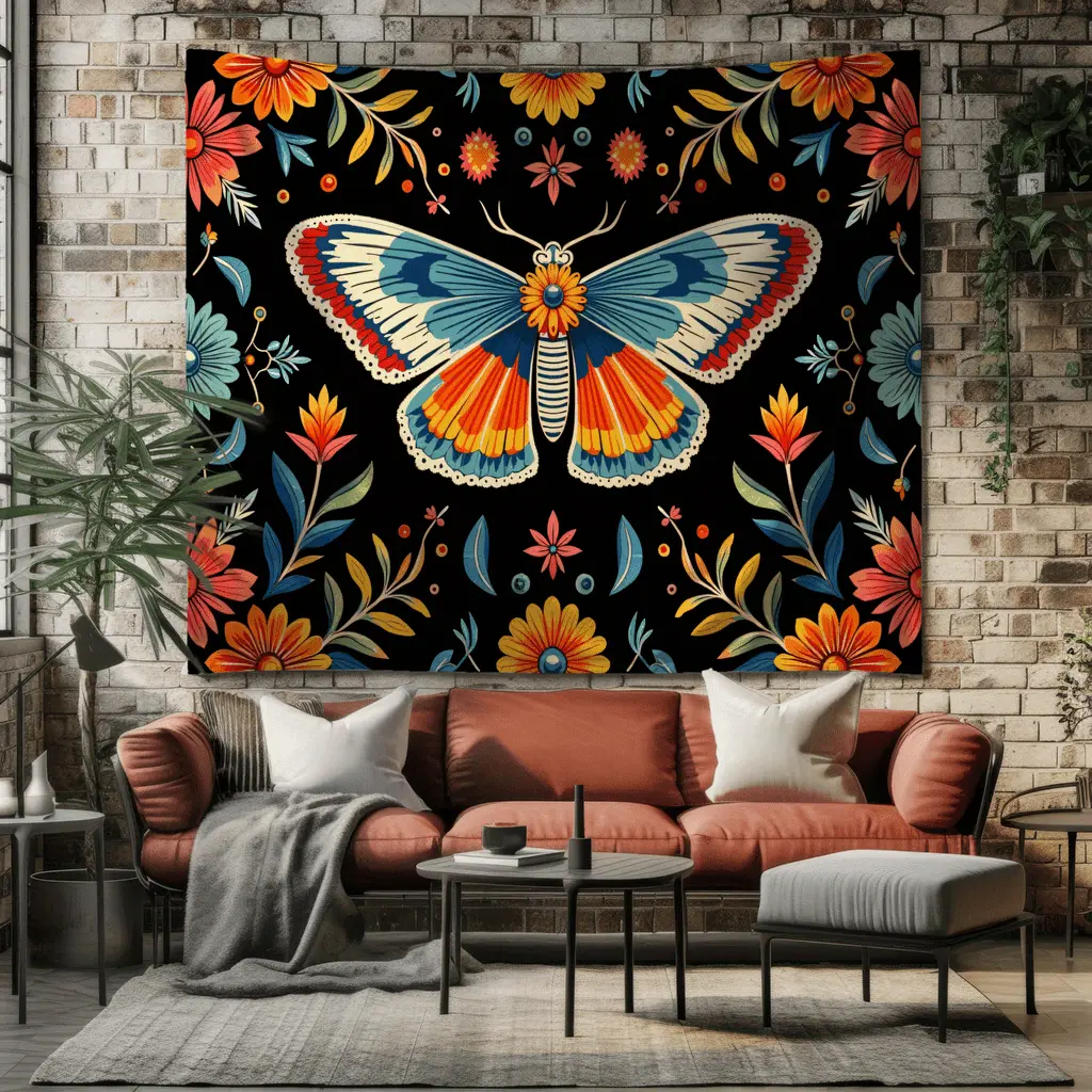 Vibrant Butterfly and Floral Tapestry Wall Hanging - 78"x59", Colorful Ethnic Art Style, Soft Polyester Fabric, Ideal for Home Decor
