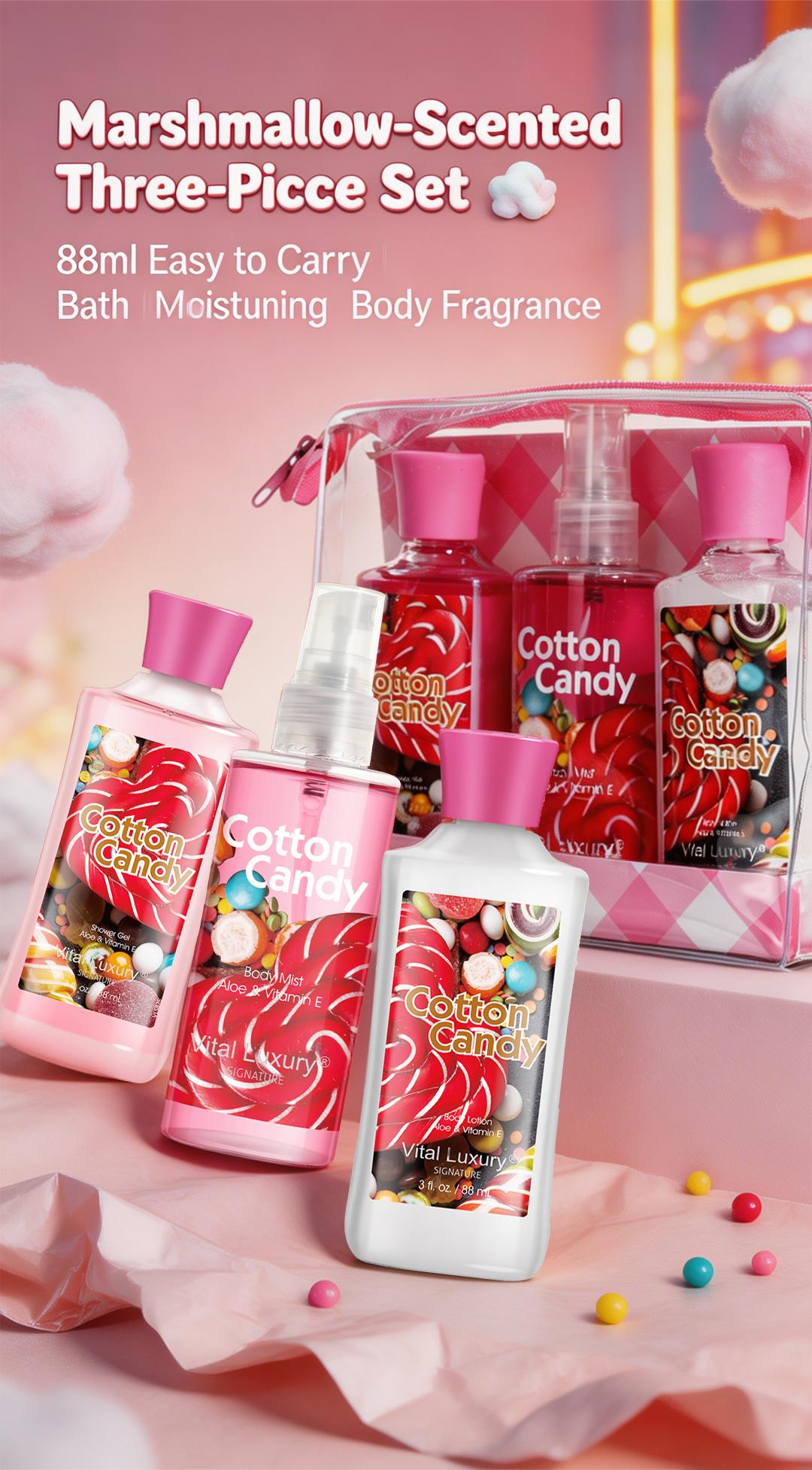 Mother's Day Gift-Vital Luxury Cotton Candy Scented Bath-3 Travel Set - 3oz Shower Gel,3oz Body Lotion, 3oz Body Mist & 2.5oz Bath Salts | SilkyLather, All-Day Freshness, Intense Moisture | Ideal Gift forMom, Wife, Sister & Girlfriend Mother's Day Gift-Vital Luxury Cotton Candy Scented Bath-3 Travel Set - 3oz Shower Gel,3oz Body Lotion, 3oz Body Mist & 2.5oz Bath Salts | SilkyLather, All-Day Freshness, Intense Moisture | Ideal Gift forMom, Wife, Sister & Girlfriend
