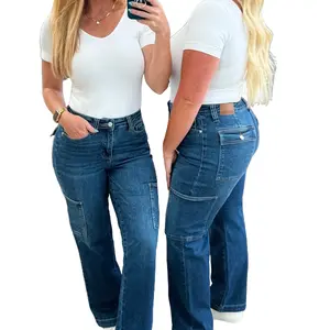 Judy Blue Leila High Rise Cargo Jeans for Women - 4-Way Stretch Fabric, Straight Cut, Cargo Pockets, Basic Minimalist Design