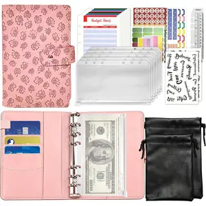 Saving Binder & 2 Pu Drawstring Bags, A6 Budget Binder, Four Clover Embossed Budget Planner Savings Challenges Book for Groceries, Entertainment, Bills, Gifts,