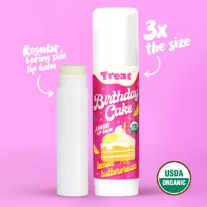 Treat Beauty Birthday Cake Jumbo Organic Lip Balm - 3X Larger Size, USDA Certified Organic, Vanilla & Lemon Buttercream Flavor, Creamy Shea & Coconut Oil, Long-Lasting Hydration Hydrating Antibacterial