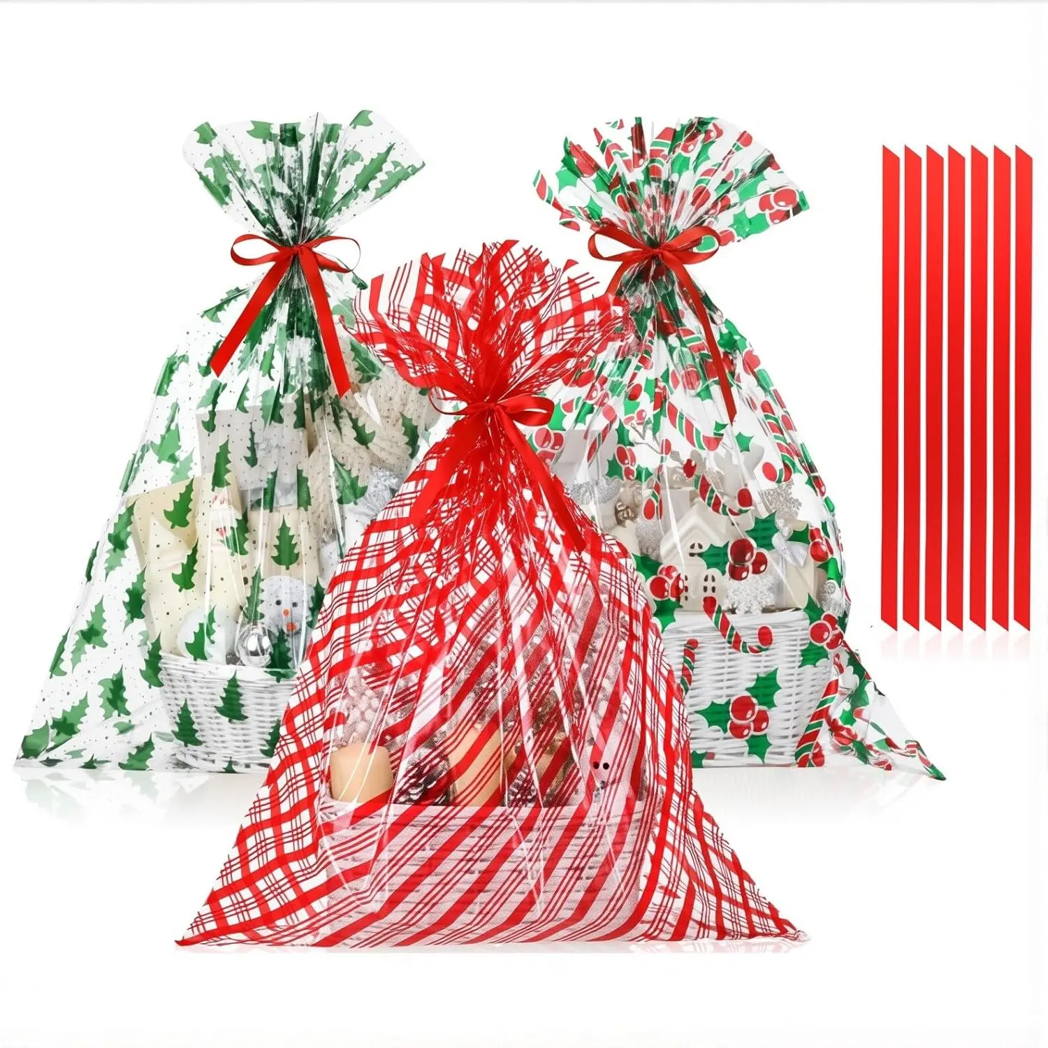 30 count Palm Sunday Large Cellophane  Bags with Red Ribbons 25.6 x 31.5 Inch Clear  Holiday Basket Wrapping  Designs for Gifts, Crafts, Dolls, and Toys