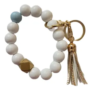 Wooden Beaded Keychain Wristlet with Tassel
